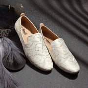 Vellinto Mens MEHER White Embroidered Slip-On Ethnic Party Wear Wedding Shoes for Festive Espadrilles For Men