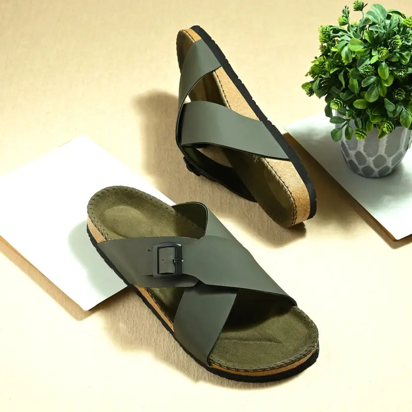 Vellinto NESU Cross Strap Sandal ll Synthetic Leather Cork Sandals with Adjustable Buckle Straps For Men