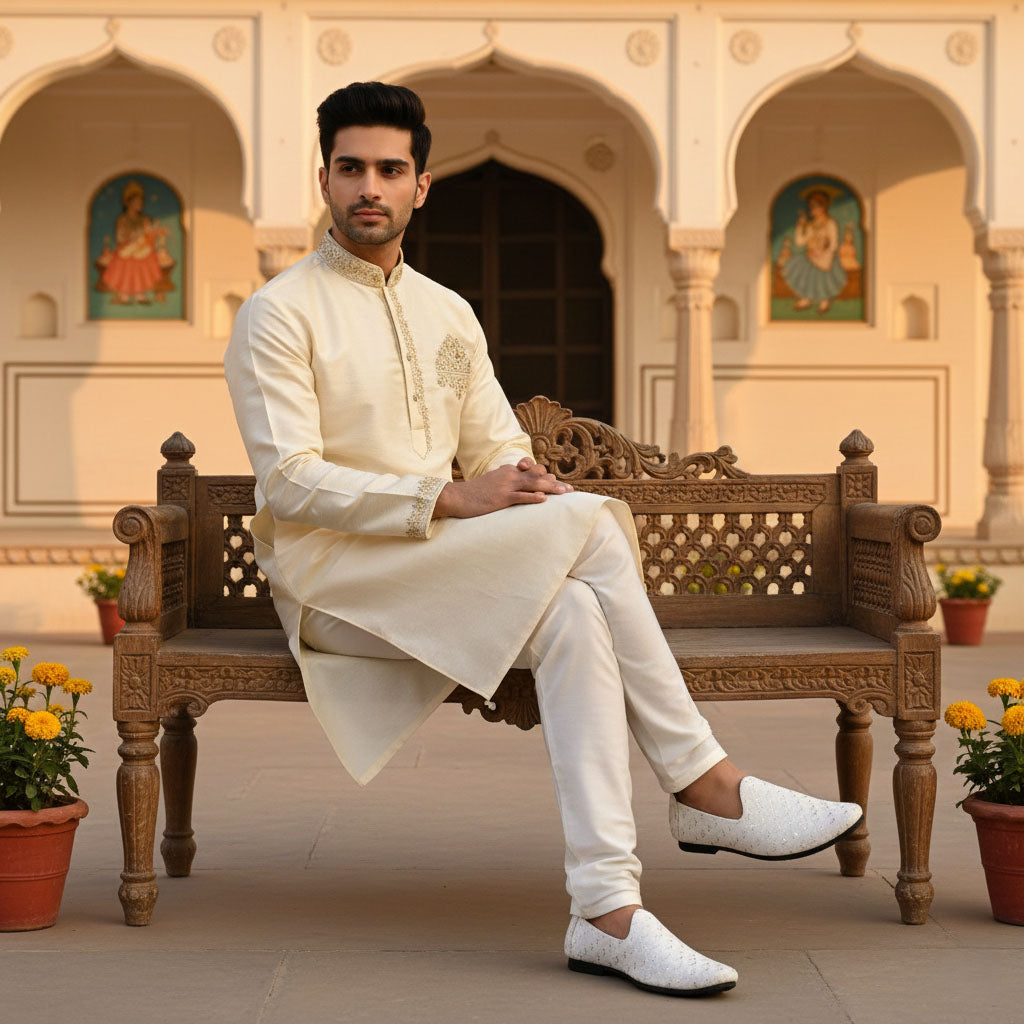 Vellinto IVORY SEQUENE Embroidered Party Wear Mojaris Juttis Slip On For Men Espadrilles For Men