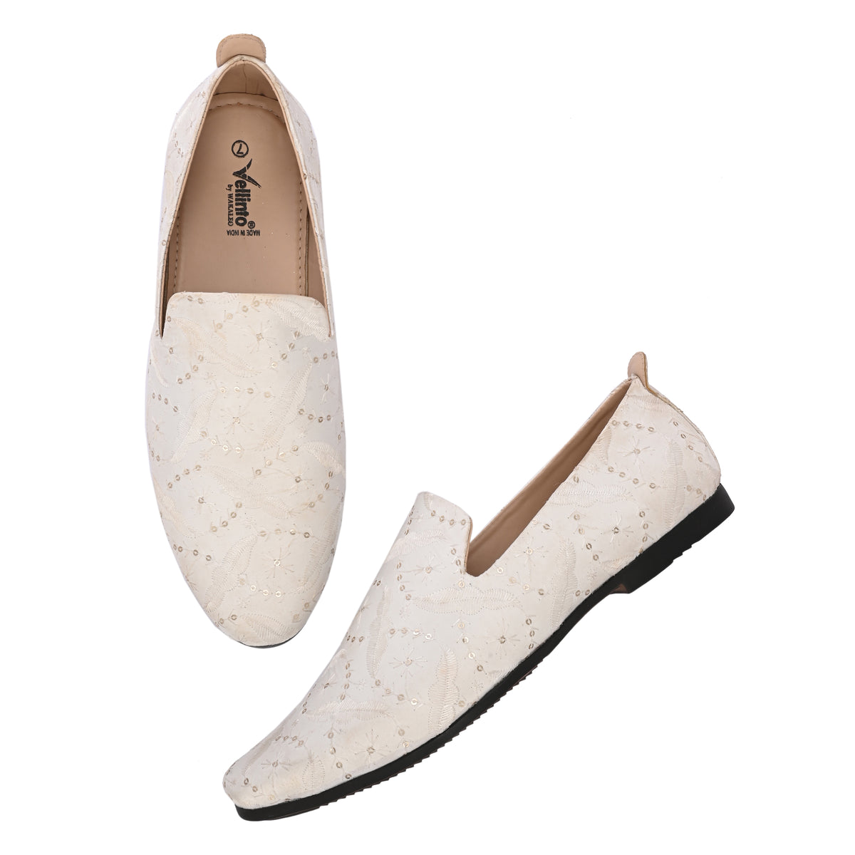 Vellinto Mens MEHER White Embroidered Slip-On Ethnic Party Wear Wedding Shoes for Festive Espadrilles For Men