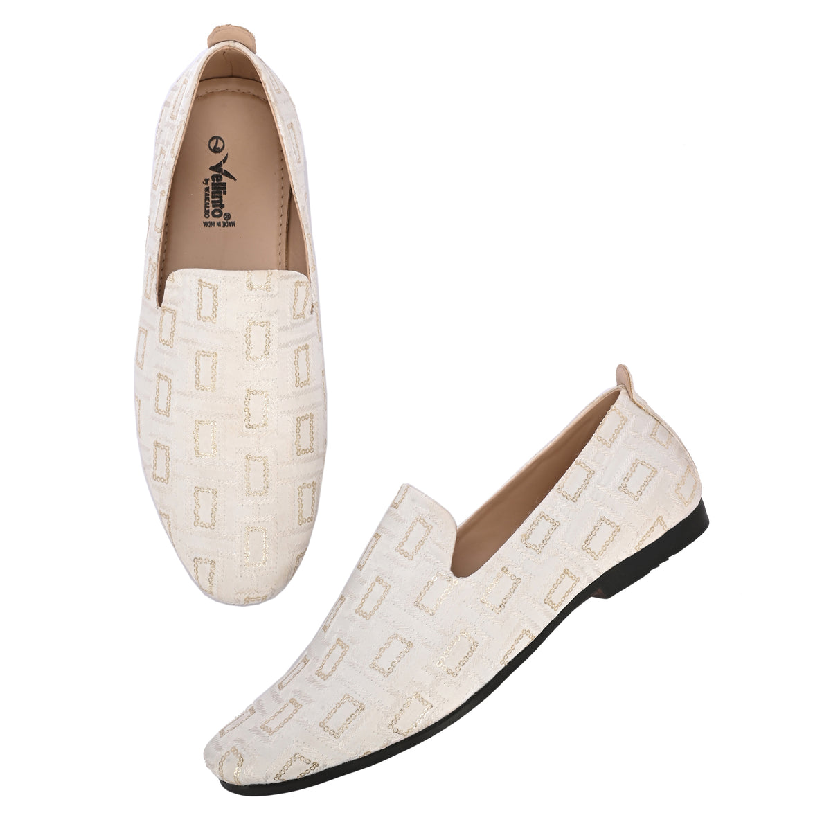 Vellinto Mens White GLEAM Embroidered Slip-On Ethnic Party Wear Wedding Shoes for Festive Espadrilles For Men