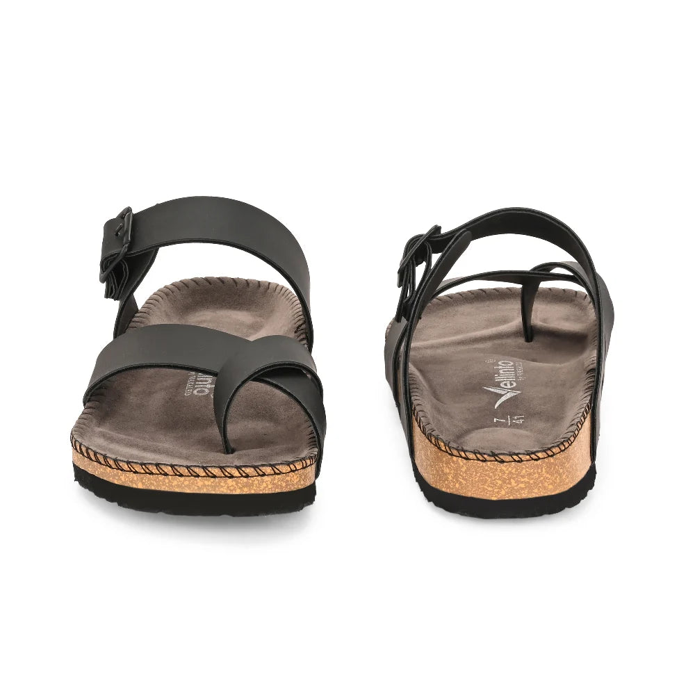 Vellinto NEBU Cross Toe Strap Berkin-Style Sandal ll Synthetic Leather Cork Sandals with Adjustable Buckle Straps For Men