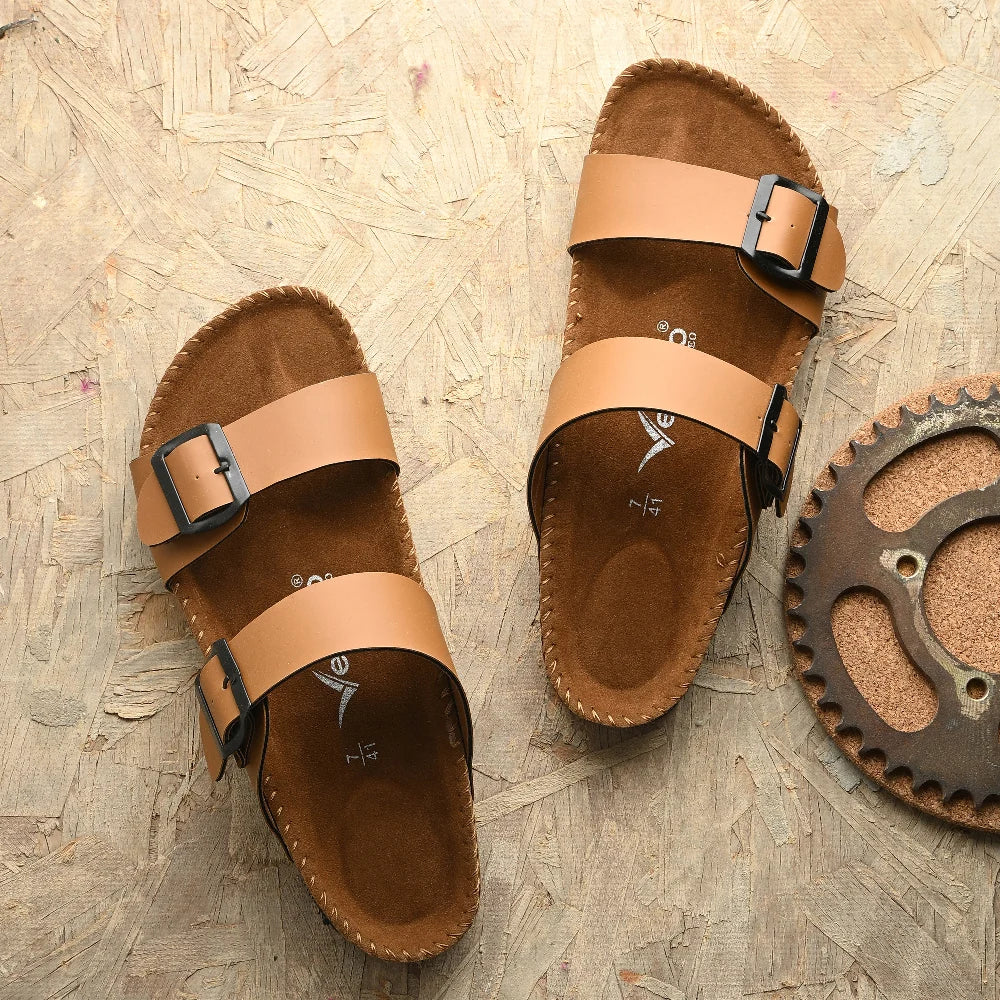 Vellinto AMMON Double Strap Unisex Synthetic Leather Sandal with Cork Footbed, Toe Loop, Buckle Strap for Comfort and Style For Men