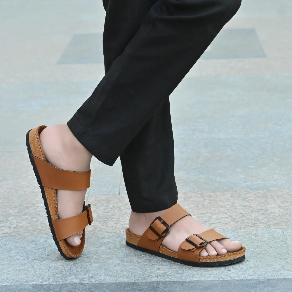 Vellinto AMMON Double Strap Unisex Synthetic Leather Sandal with Cork Footbed, Toe Loop, Buckle Strap for Comfort and Style For Men