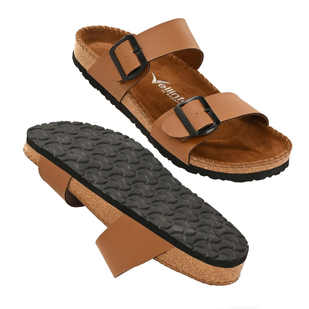 Vellinto AMMON Double Strap Unisex Synthetic Leather Sandal with Cork Footbed, Toe Loop, Buckle Strap for Comfort and Style For Men