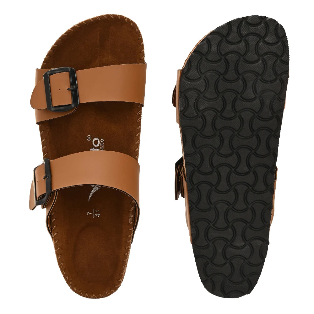 Vellinto AMMON Double Strap Unisex Synthetic Leather Sandal with Cork Footbed, Toe Loop, Buckle Strap for Comfort and Style For Men