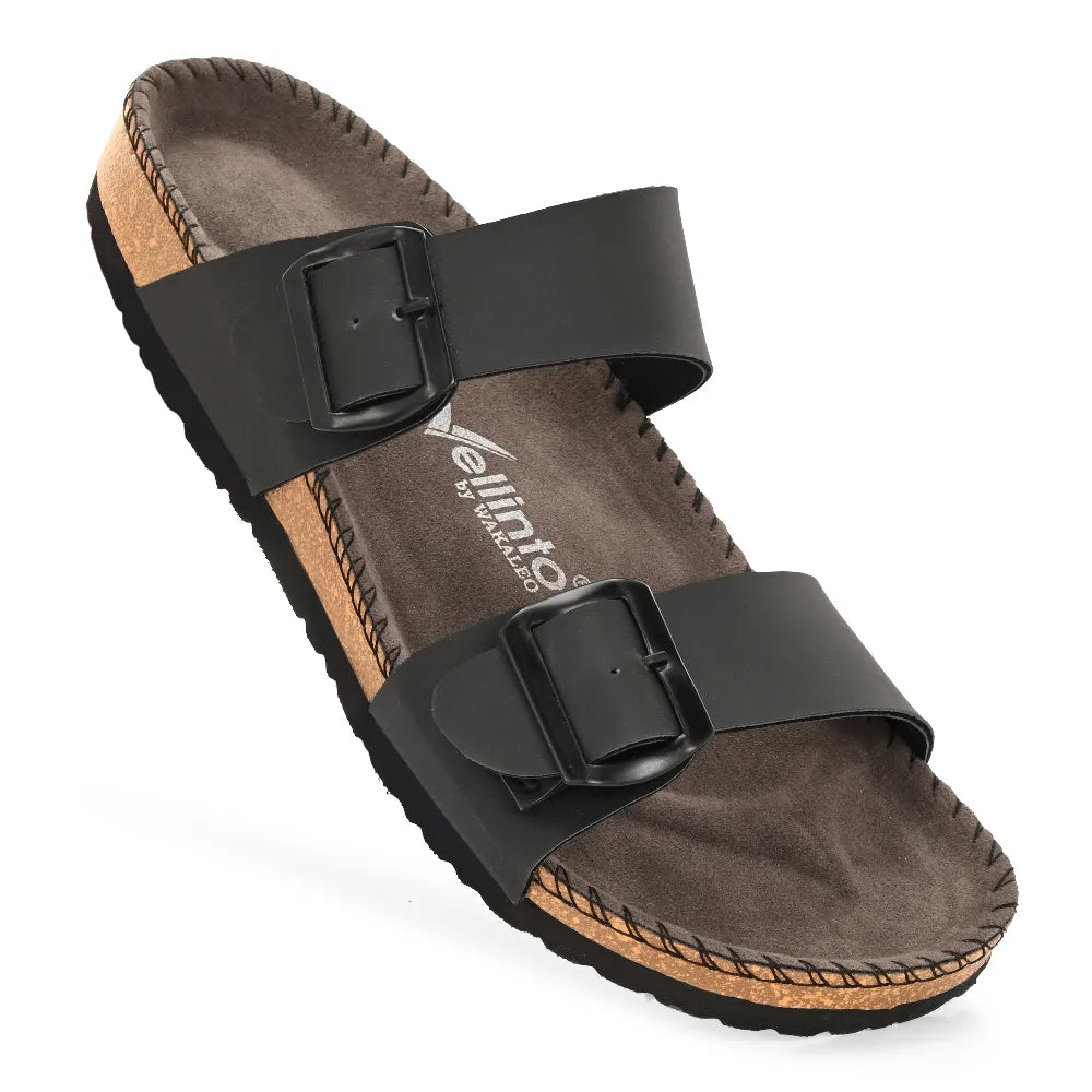 Vellinto AMMON Double Strap Unisex Synthetic Leather Sandal with Cork Footbed, Toe Loop, Buckle Strap for Comfort and Style For Men