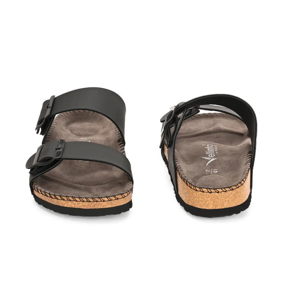 Vellinto AMMON Double Strap Unisex Synthetic Leather Sandal with Cork Footbed, Toe Loop, Buckle Strap for Comfort and Style For Men
