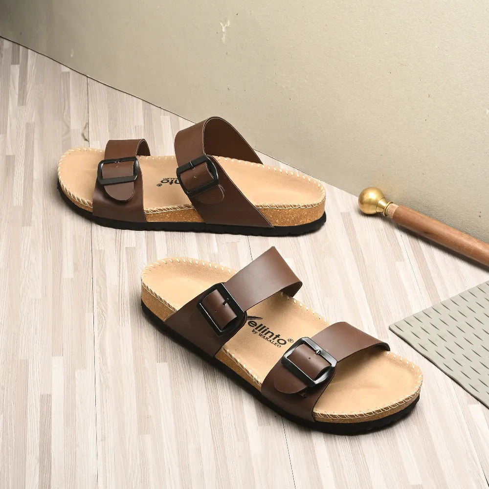 Vellinto AMMON Double Strap Unisex Synthetic Leather Sandal with Cork Footbed, Toe Loop, Buckle Strap for Comfort and Style For Men