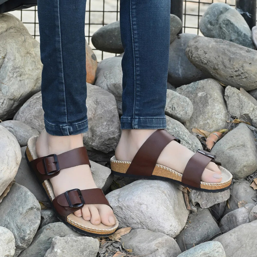 Vellinto AMMON Double Strap Unisex Synthetic Leather Sandal with Cork Footbed, Toe Loop, Buckle Strap for Comfort and Style For Men