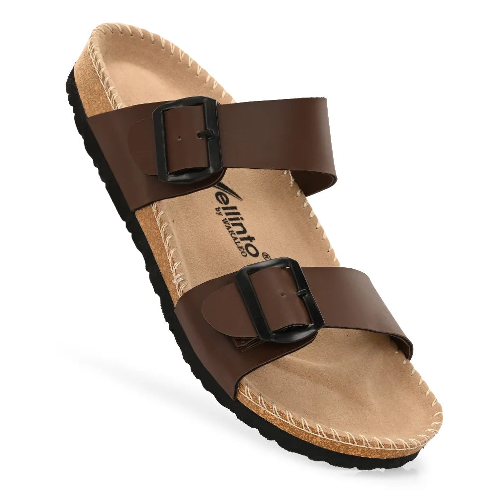 Vellinto AMMON Double Strap Unisex Synthetic Leather Sandal with Cork Footbed, Toe Loop, Buckle Strap for Comfort and Style For Men