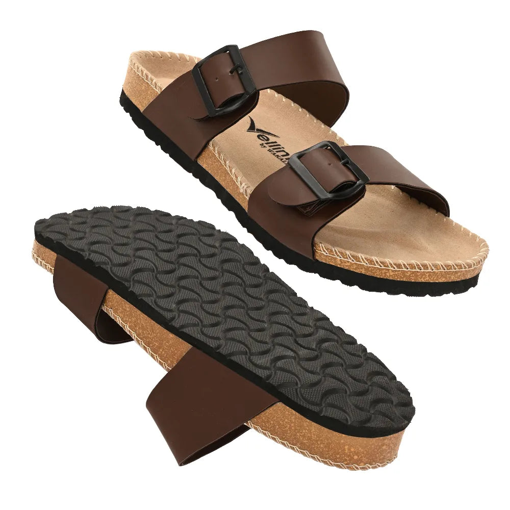 Vellinto AMMON Double Strap Unisex Synthetic Leather Sandal with Cork Footbed, Toe Loop, Buckle Strap for Comfort and Style For Men