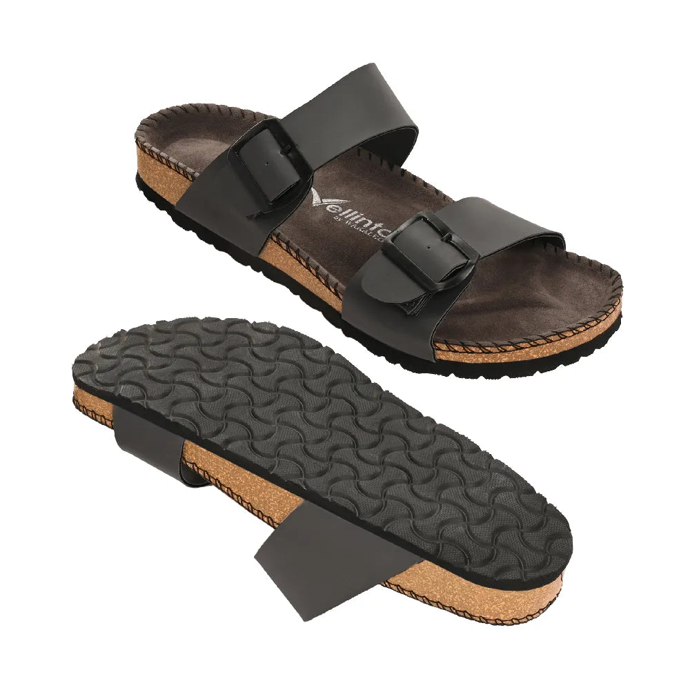 Vellinto AMMON Double Strap Unisex Synthetic Leather Sandal with Cork Footbed, Toe Loop, Buckle Strap for Comfort and Style For Men