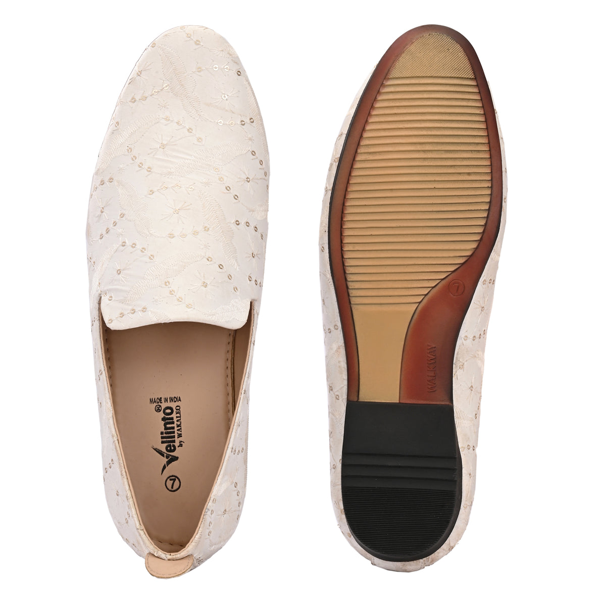 Vellinto Mens MEHER White Embroidered Slip-On Ethnic Party Wear Wedding Shoes for Festive Espadrilles For Men