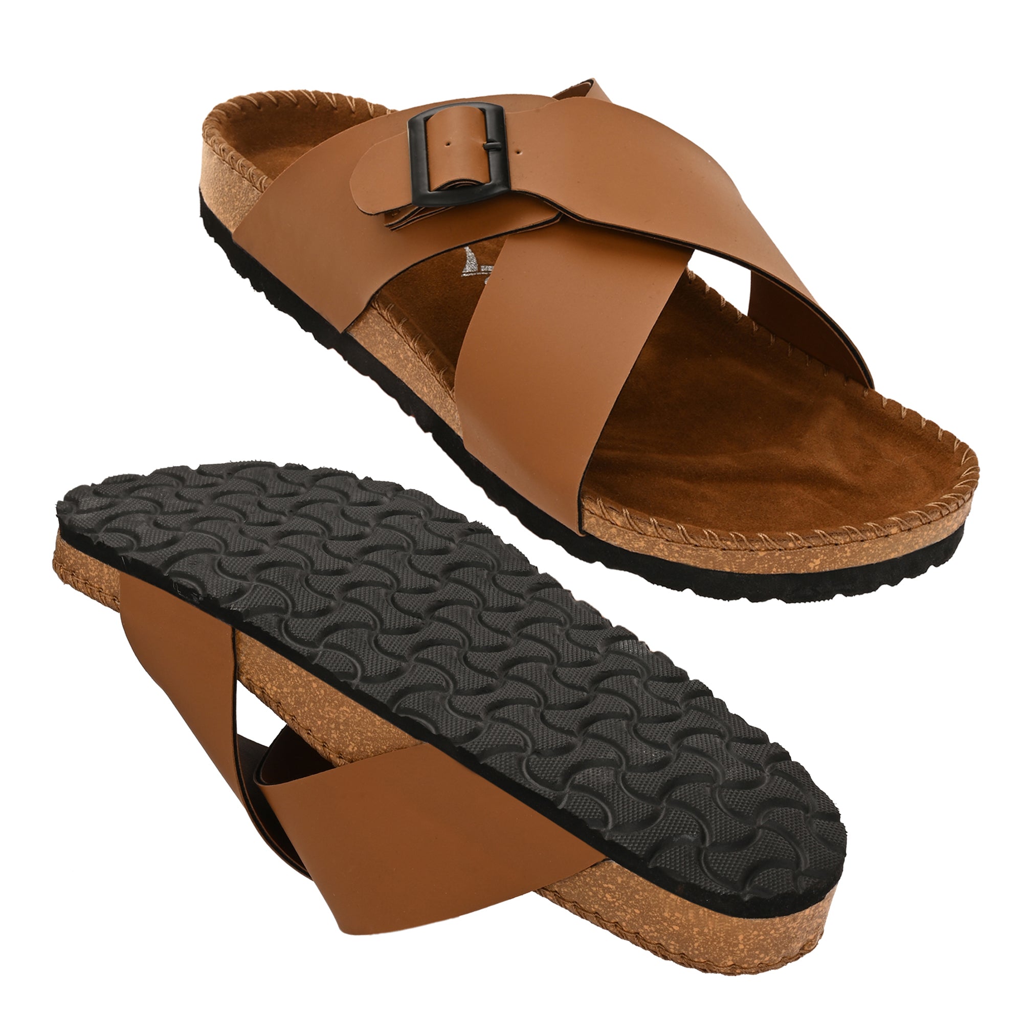 Vellinto NESU Cross Strap Sandal ll Synthetic Leather Cork Sandals with Adjustable Buckle Straps For Men