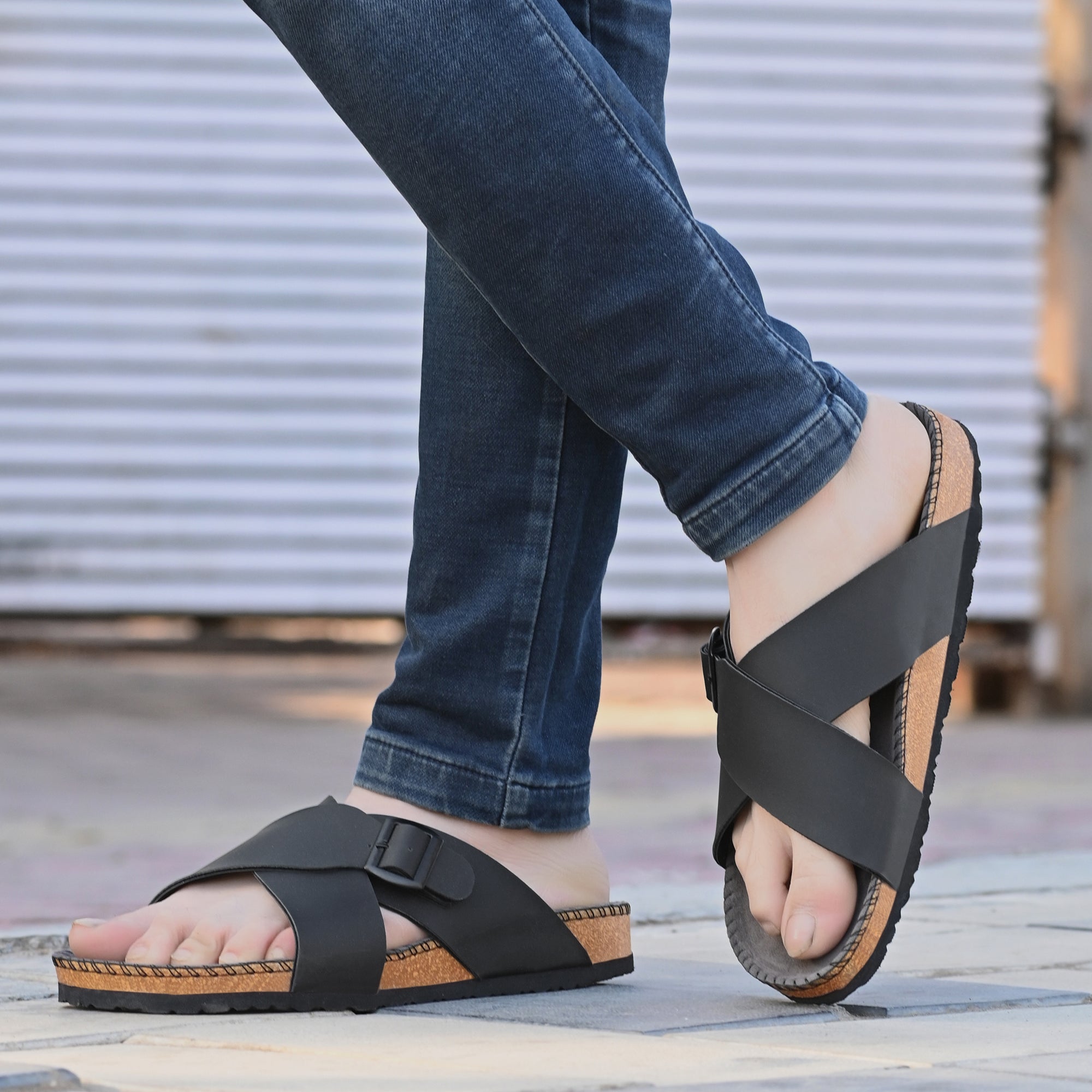 Vellinto NESU Cross Strap Sandal ll Synthetic Leather Cork Sandals with Adjustable Buckle Straps For Men