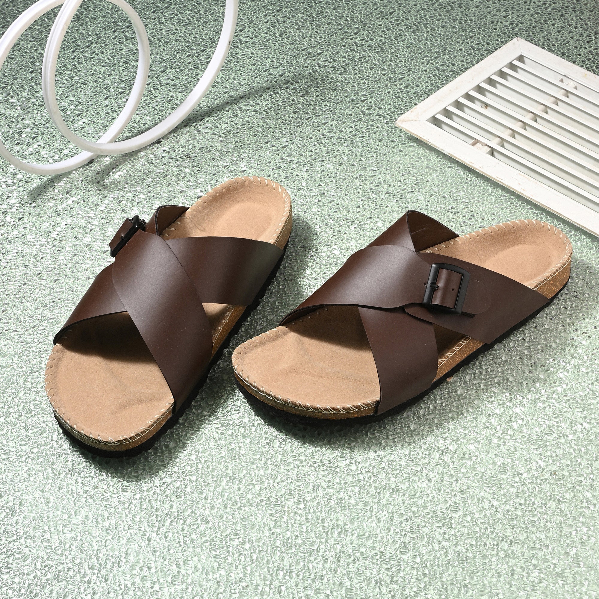 Vellinto NESU Cross Strap Sandal ll Synthetic Leather Cork Sandals with Adjustable Buckle Straps For Men