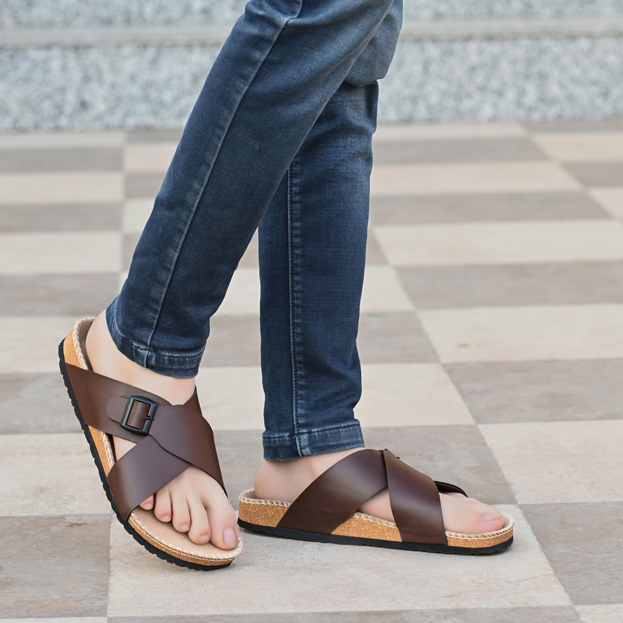 Vellinto NESU Cross Strap Sandal ll Synthetic Leather Cork Sandals with Adjustable Buckle Straps For Men