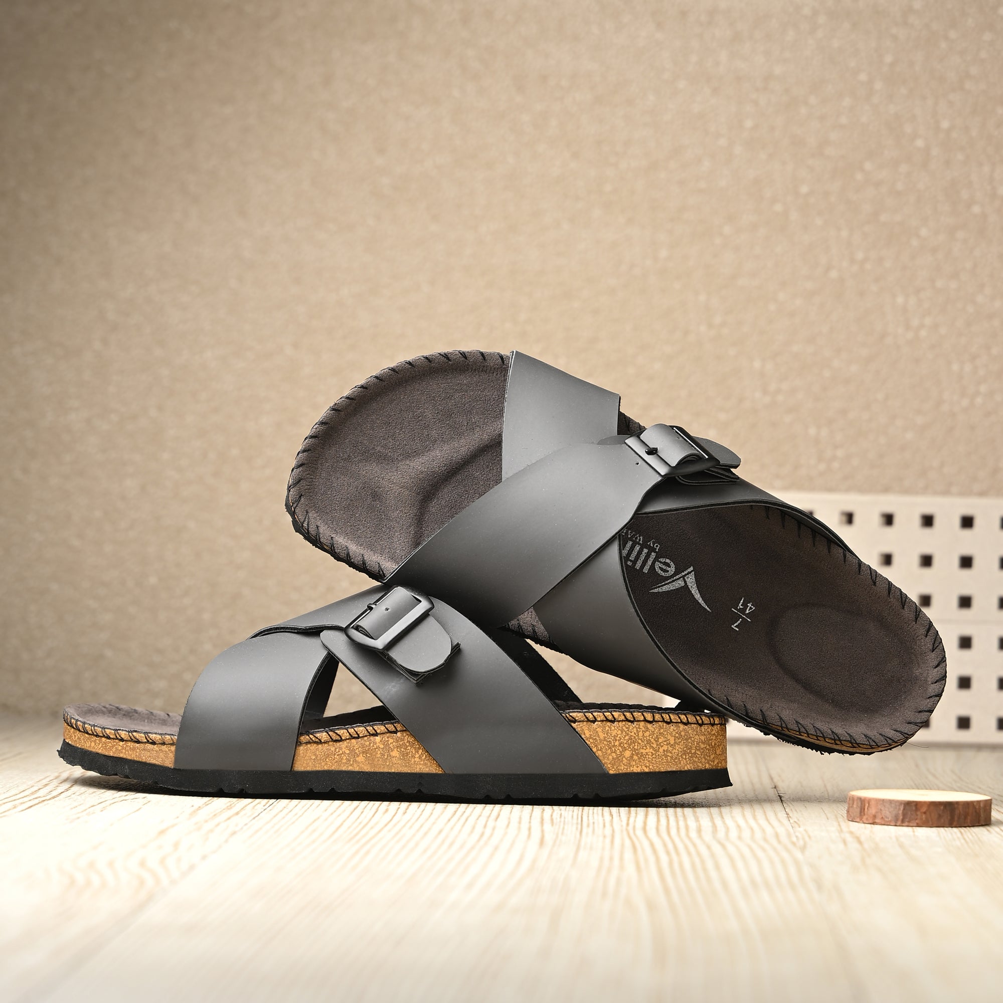 Vellinto NESU Cross Strap Sandal ll Synthetic Leather Cork Sandals with Adjustable Buckle Straps For Men