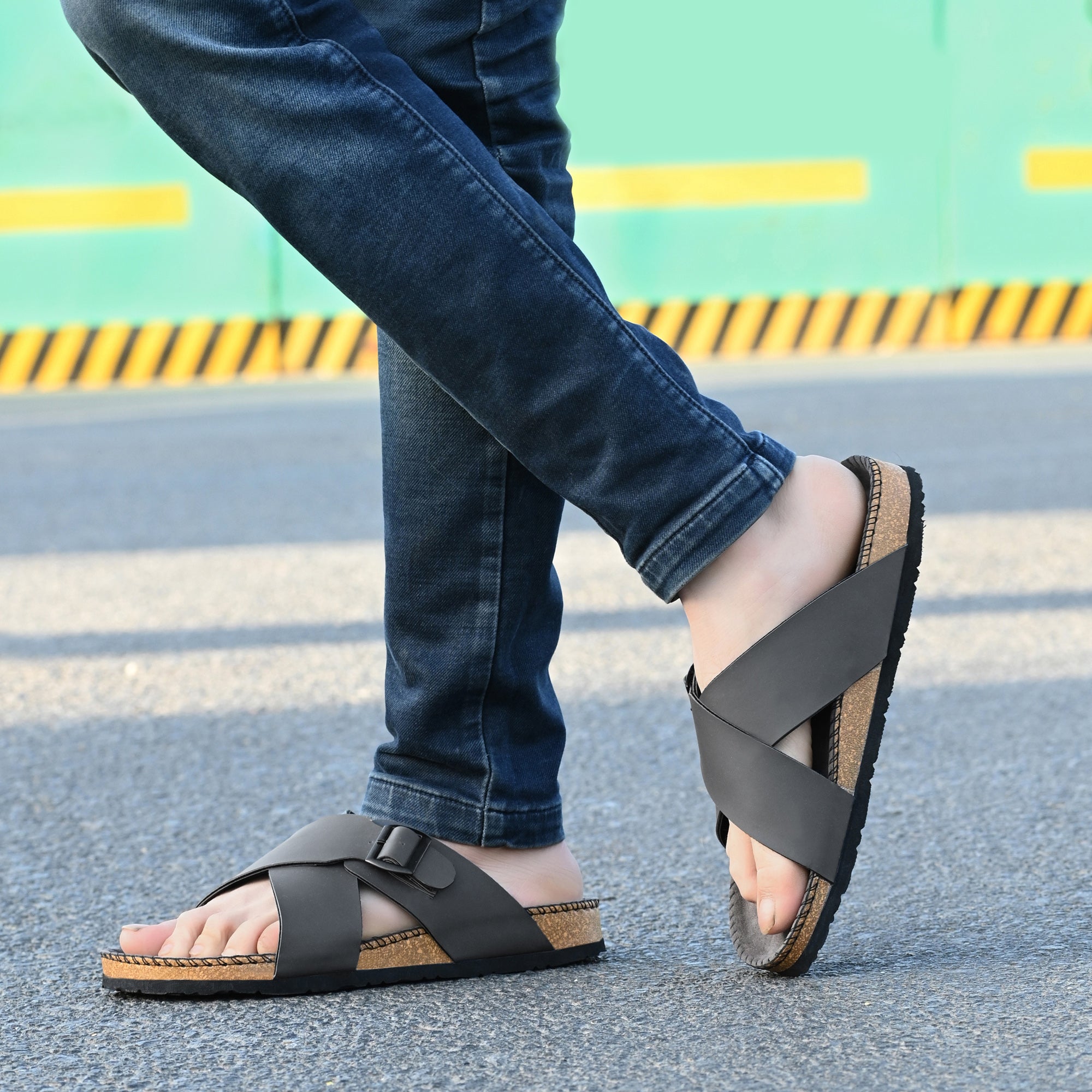 Vellinto NESU Cross Strap Sandal ll Synthetic Leather Cork Sandals with Adjustable Buckle Straps For Men