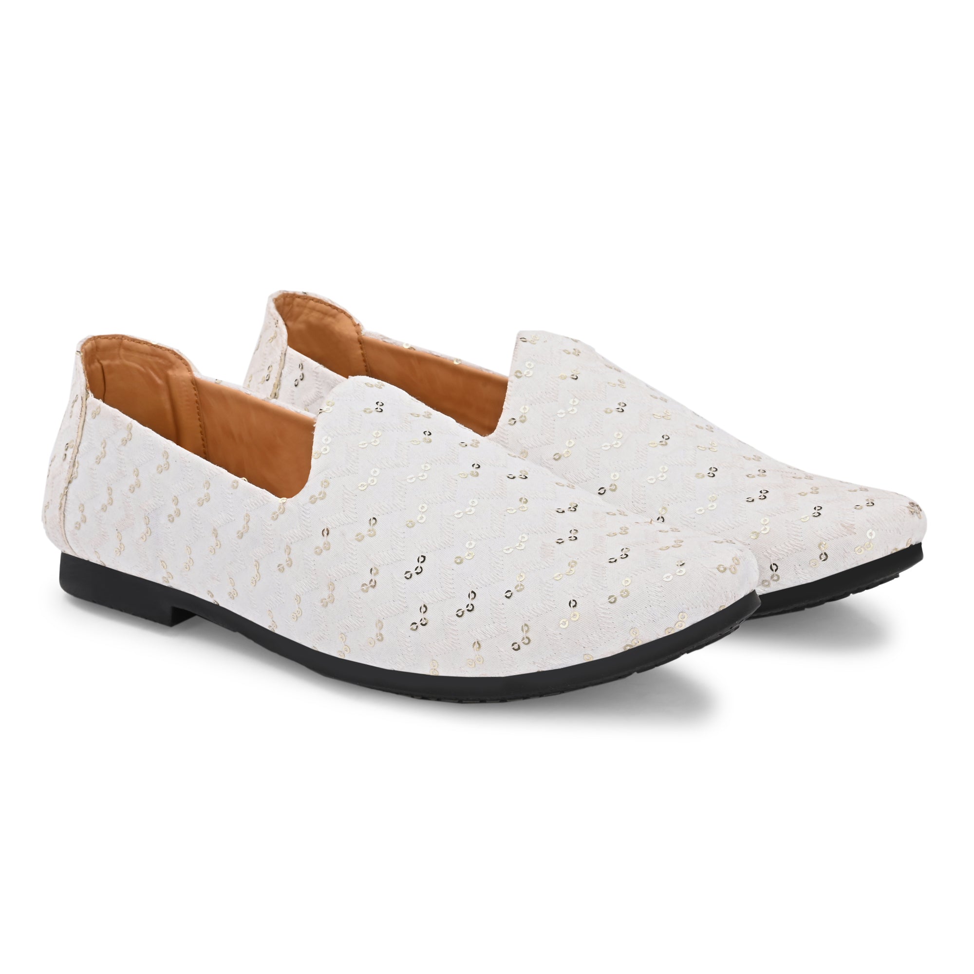 Vellinto IVORY SEQUENE Embroidered Party Wear Mojaris Juttis Slip On For Men Espadrilles For Men