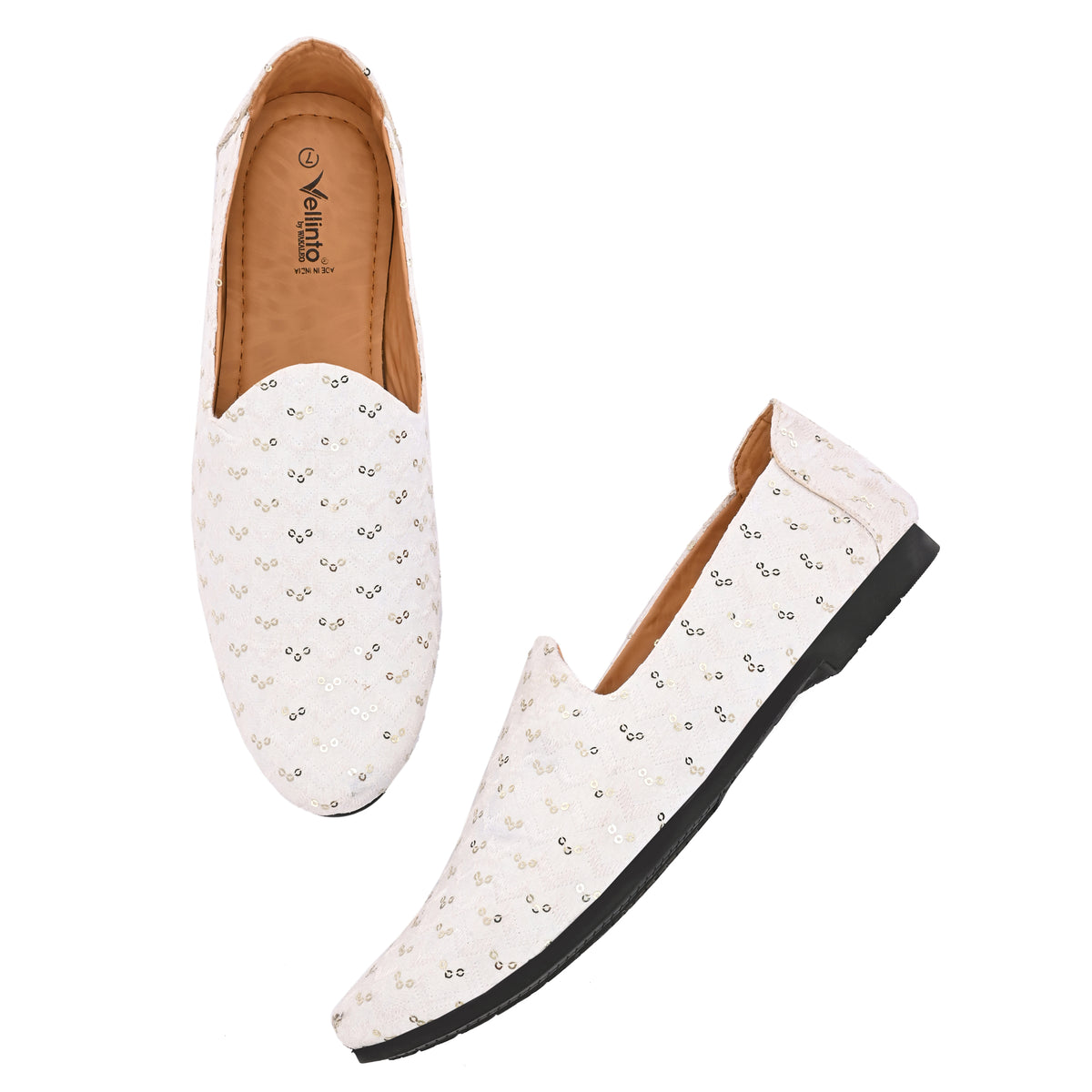 Vellinto IVORY SEQUENE Embroidered Party Wear Mojaris Juttis Slip On For Men Espadrilles For Men